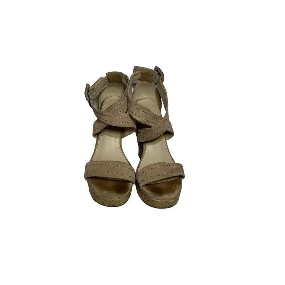 Marc Fisher Haely Nude Beige Suede Wedge Heel Espadrille Sandal Shoes Size 8